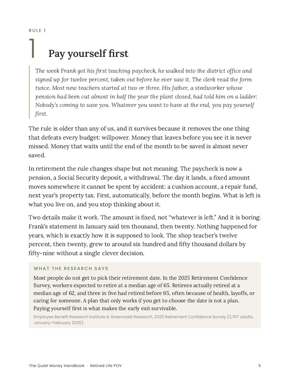 A page from the handbook: Rule 1, Pay yourself first, with the research box at the bottom.